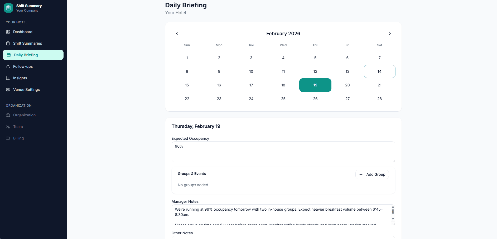 Daily Briefing page showing a February 2026 calendar with a selected date and prefill fields for expected occupancy, groups and events, and manager notes